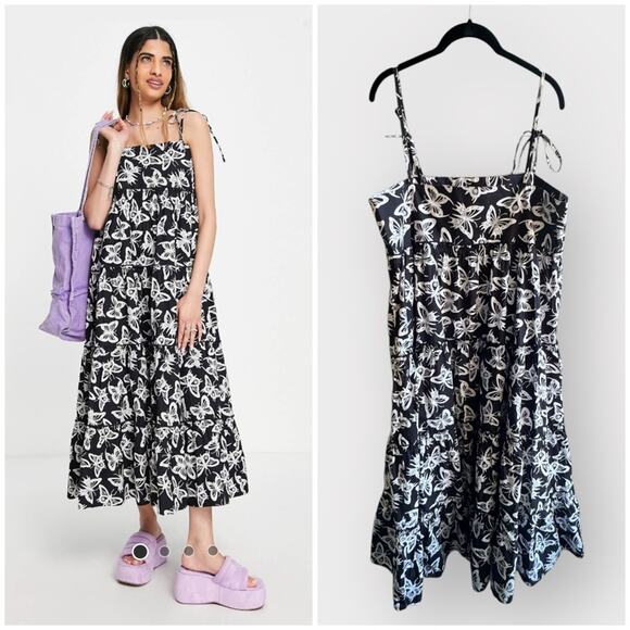 ASOS Collusion tiered butterfly print midi/maxi dress size US 10 - Picture 1 of 10